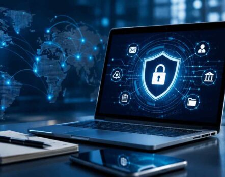 Cyber security Ethical Hacking course in Pune. laptop displaying data protection shield icon connected to global network security systems