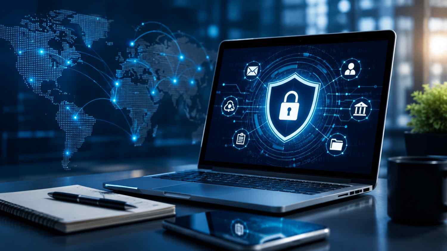 Cyber security Ethical Hacking course in Pune. laptop displaying data protection shield icon connected to global network security systems
