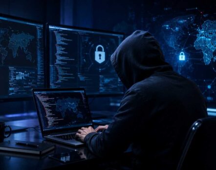 Certified Ethical Hacker in Pune – hooded cybersecurity professional analyzing network security data on multiple screens