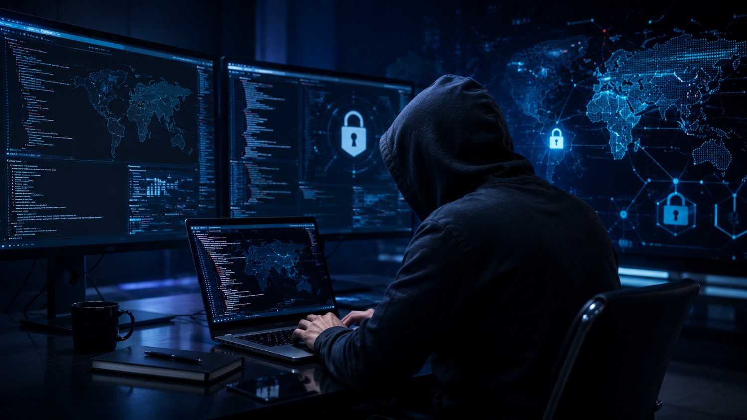 Certified Ethical Hacker in Pune – hooded cybersecurity professional analyzing network security data on multiple screens