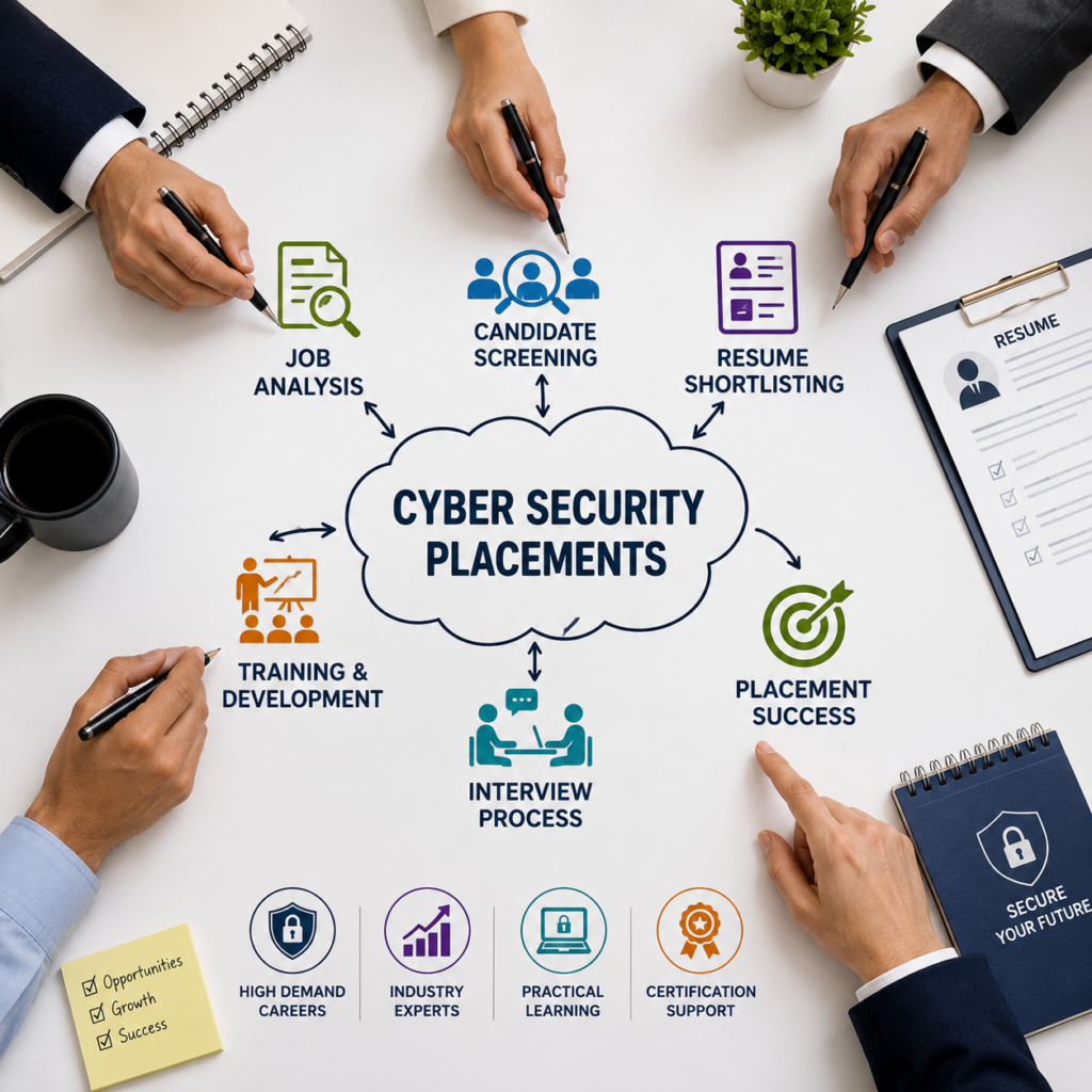 Cyber security placements process diagram showing candidate screening, resume shortlisting, interview process and training for cyber security course in Pune