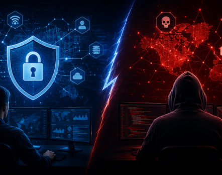Cyber Security vs Ethical Hacking illustration showing a security analyst defending systems and an ethical hacker finding vulnerabilities.