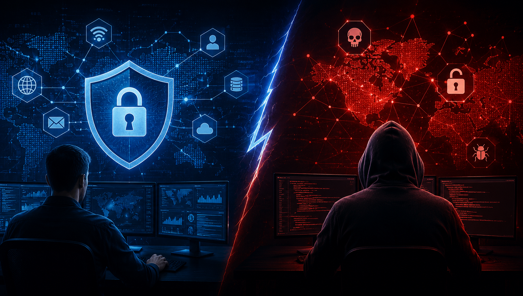 Cyber Security vs Ethical Hacking illustration showing a security analyst defending systems and an ethical hacker finding vulnerabilities.