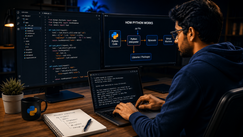 Student learning coding in a Python Full Stack Developer Course in Pune with hands-on Python and Django training.